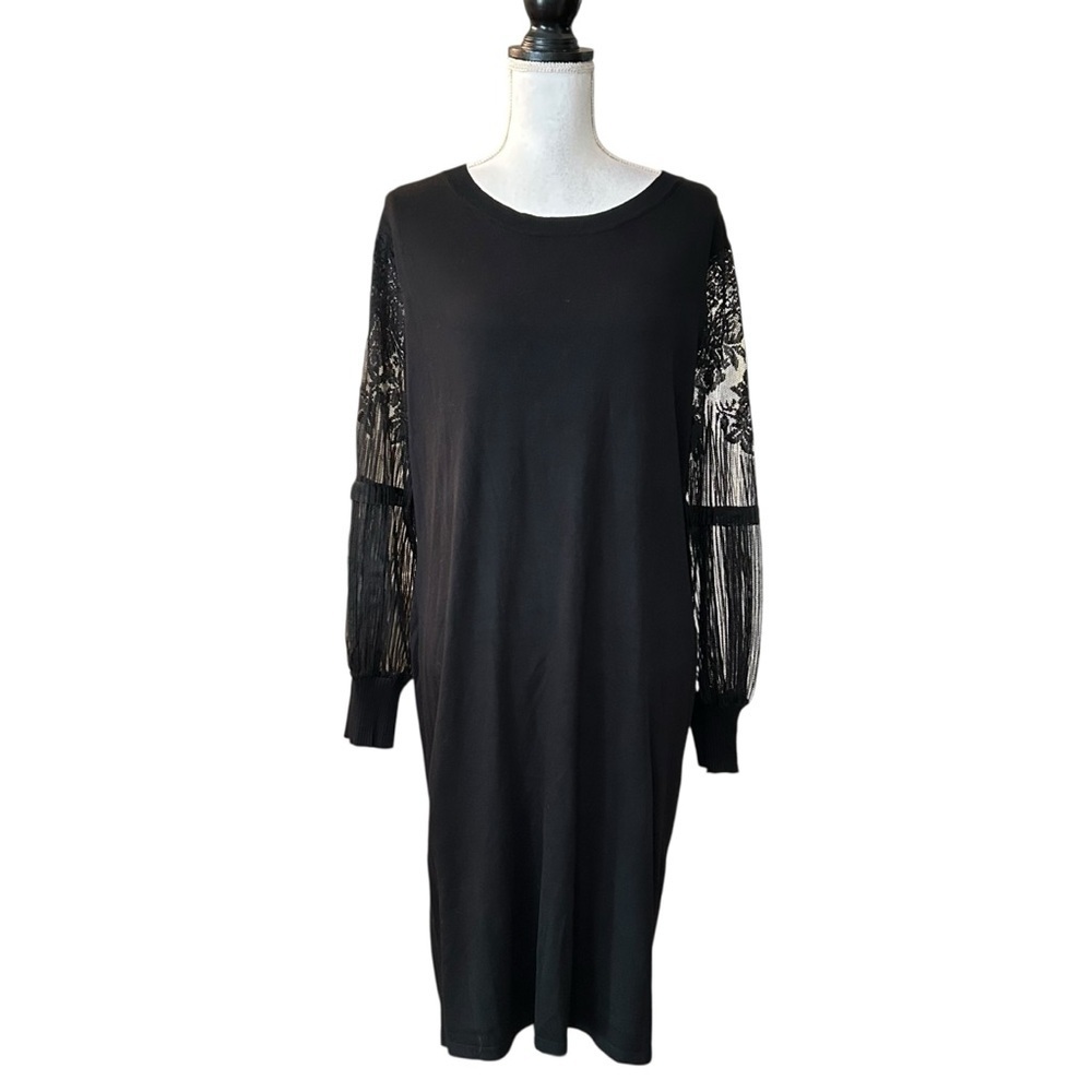 NY Collection Sheer Lace Sleeve Sweater Knit Cocktail Dress SZ‎ XL in Black NEW